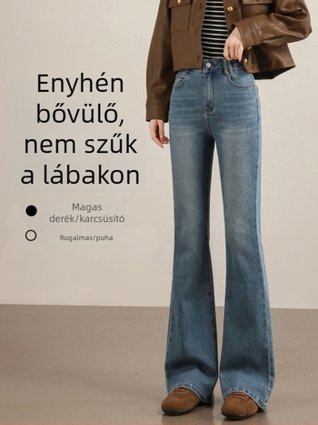 Női vintage nyers denim nadrág micro-flared szabásban, kis méret, tavasz–ősz stílus, vastag anyag, magas derék, karcsúsító hatású, hosszabbító hatású, elasztikus