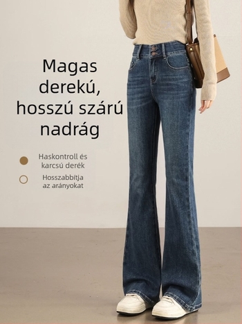 Női vintage nyers denim nadrág micro-flared szabásban, kis méret, tavasz–ősz stílus, vastag anyag, magas derék, karcsúsító hatású, hosszabbító hatású, elasztikus