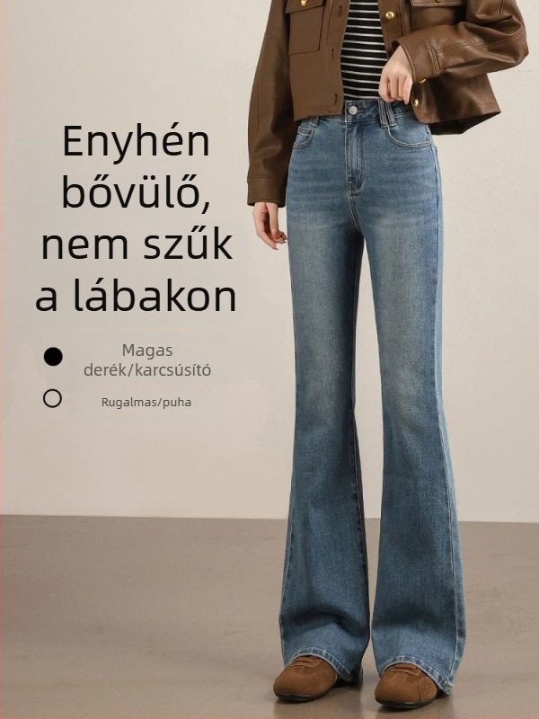 Női vintage nyers denim nadrág micro-flared szabásban, kis méret, tavasz–ősz stílus, vastag anyag, magas derék, karcsúsító hatású, hosszabbító hatású, elasztikus