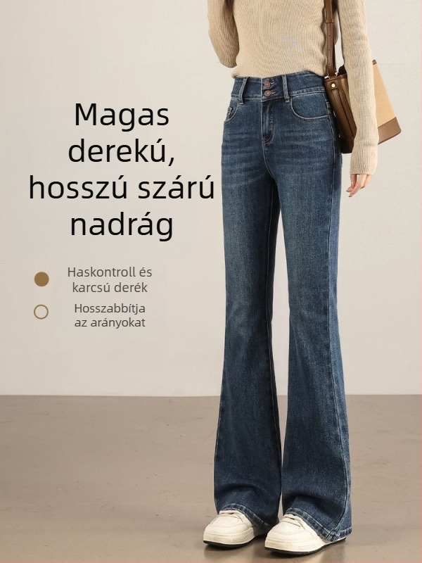 Női vintage nyers denim nadrág micro-flared szabásban, kis méret, tavasz–ősz stílus, vastag anyag, magas derék, karcsúsító hatású, hosszabbító hatású, elasztikus