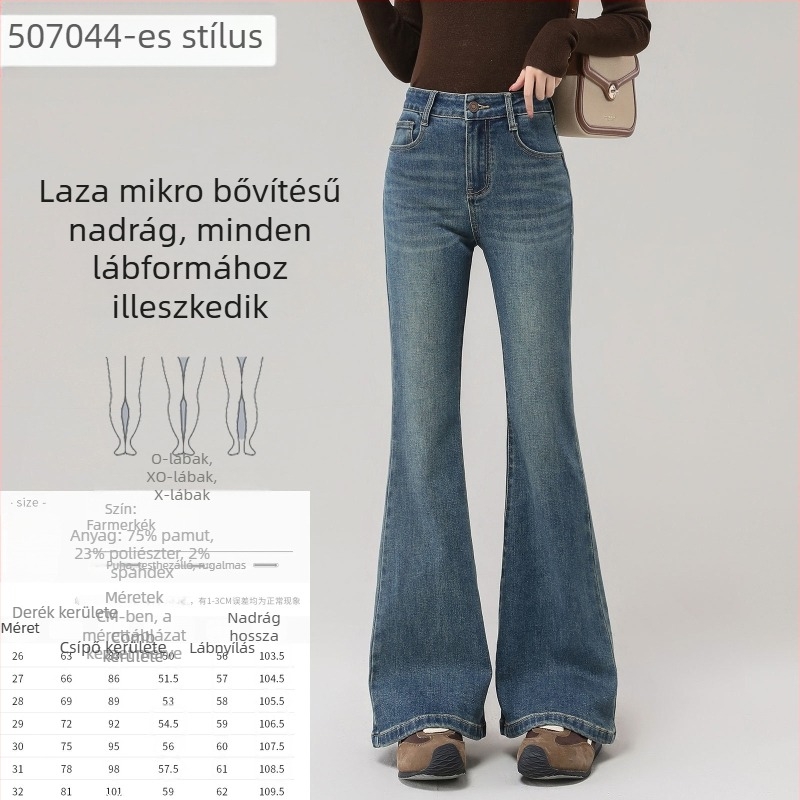 Női vintage nyers denim nadrág micro-flared szabásban, kis méret, tavasz–ősz stílus, vastag anyag, magas derék, karcsúsító hatású, hosszabbító hatású, elasztikus