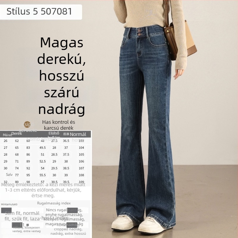 Női vintage nyers denim nadrág micro-flared szabásban, kis méret, tavasz–ősz stílus, vastag anyag, magas derék, karcsúsító hatású, hosszabbító hatású, elasztikus