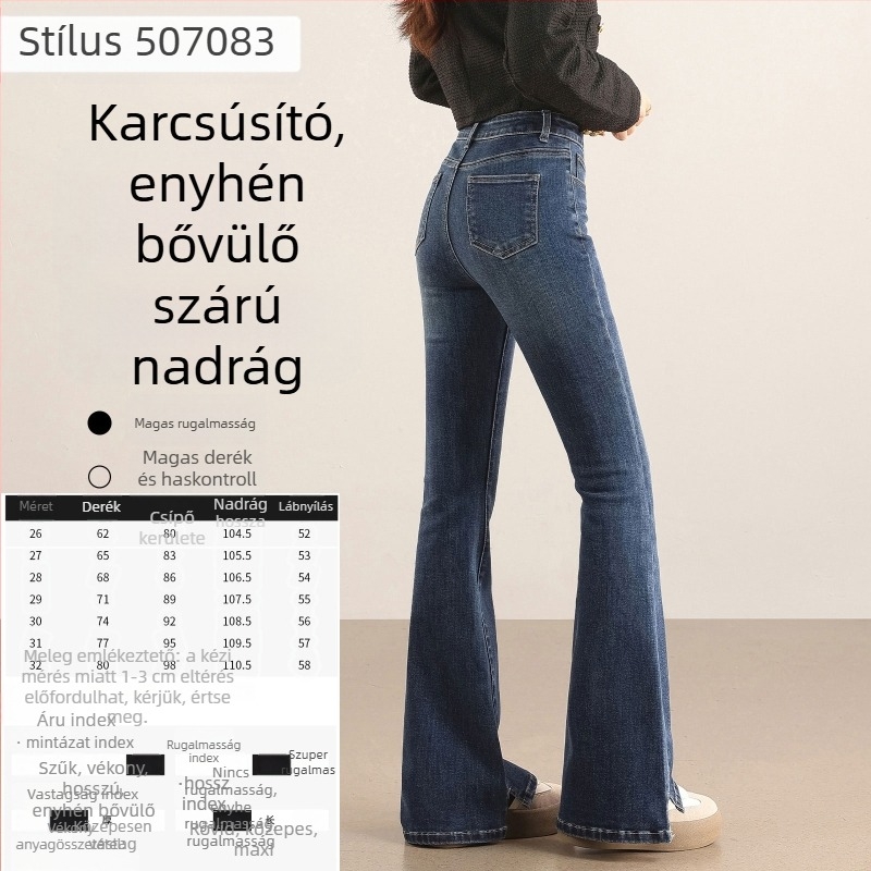 Női vintage nyers denim nadrág micro-flared szabásban, kis méret, tavasz–ősz stílus, vastag anyag, magas derék, karcsúsító hatású, hosszabbító hatású, elasztikus
