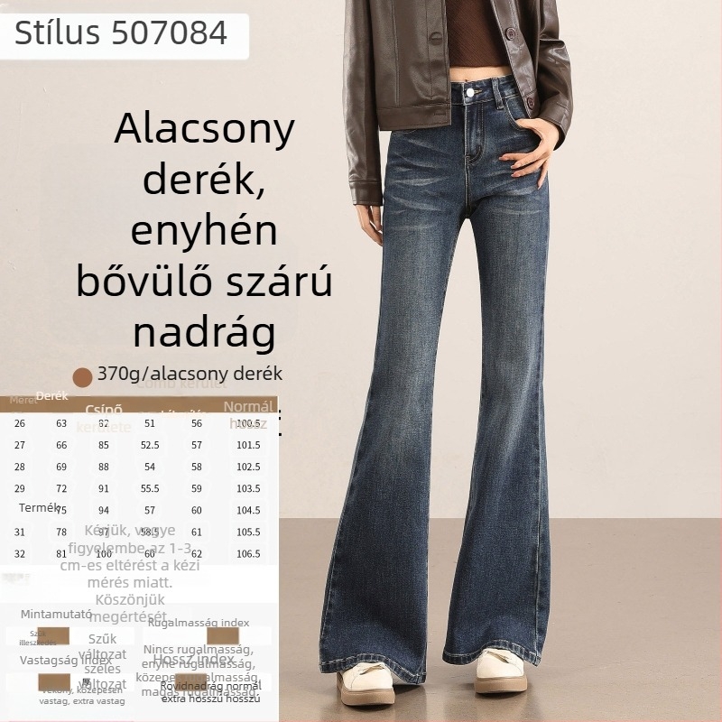 Női vintage nyers denim nadrág micro-flared szabásban, kis méret, tavasz–ősz stílus, vastag anyag, magas derék, karcsúsító hatású, hosszabbító hatású, elasztikus