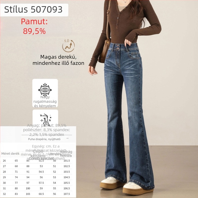 Női vintage nyers denim nadrág micro-flared szabásban, kis méret, tavasz–ősz stílus, vastag anyag, magas derék, karcsúsító hatású, hosszabbító hatású, elasztikus