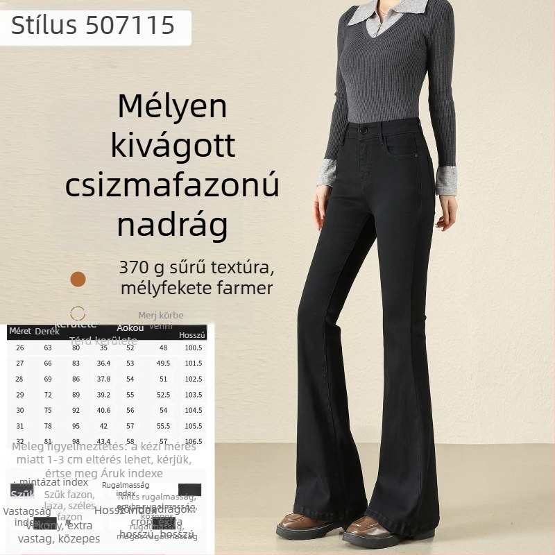 Női vintage nyers denim nadrág micro-flared szabásban, kis méret, tavasz–ősz stílus, vastag anyag, magas derék, karcsúsító hatású, hosszabbító hatású, elasztikus