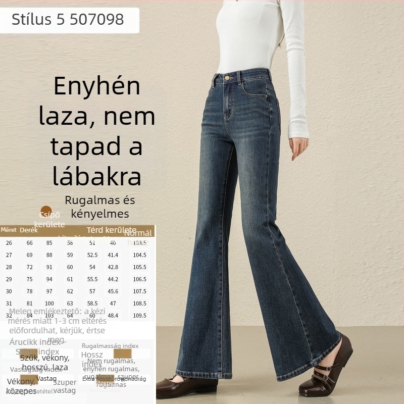 Női vintage nyers denim nadrág micro-flared szabásban, kis méret, tavasz–ősz stílus, vastag anyag, magas derék, karcsúsító hatású, hosszabbító hatású, elasztikus