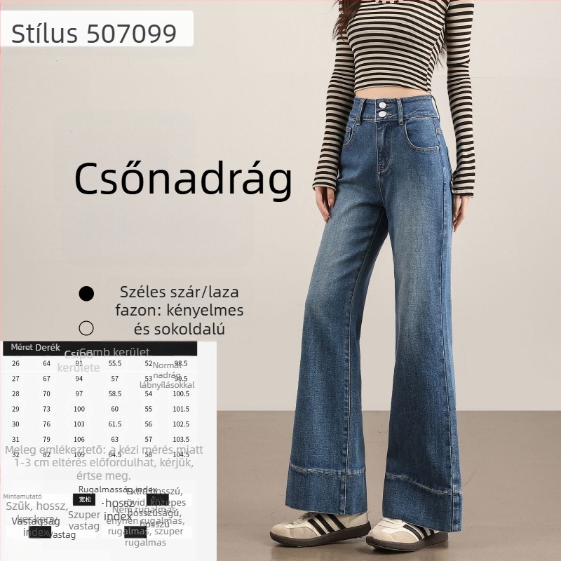 Női vintage nyers denim nadrág micro-flared szabásban, kis méret, tavasz–ősz stílus, vastag anyag, magas derék, karcsúsító hatású, hosszabbító hatású, elasztikus