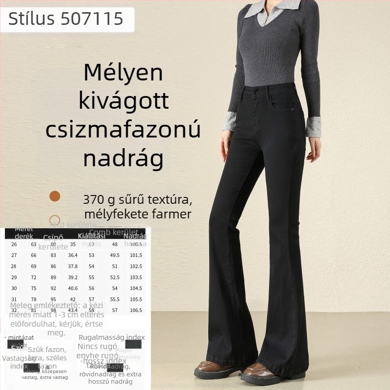 Női vintage nyers denim nadrág micro-flared szabásban, kis méret, tavasz–ősz stílus, vastag anyag, magas derék, karcsúsító hatású, hosszabbító hatású, elasztikus