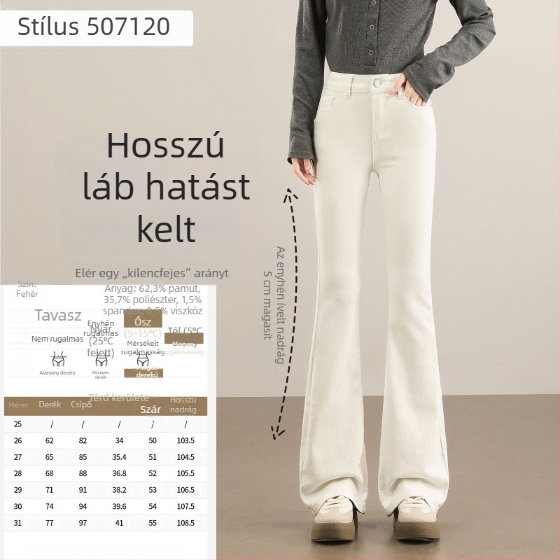 Női vintage nyers denim nadrág micro-flared szabásban, kis méret, tavasz–ősz stílus, vastag anyag, magas derék, karcsúsító hatású, hosszabbító hatású, elasztikus