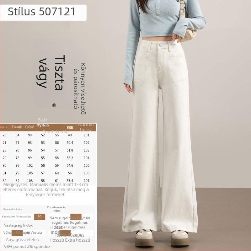 Női vintage nyers denim nadrág micro-flared szabásban, kis méret, tavasz–ősz stílus, vastag anyag, magas derék, karcsúsító hatású, hosszabbító hatású, elasztikus
