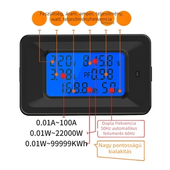 AC digitális teljesítménymérő LCD kijelzővel, háztartási többfunkciós elektromos mérő — voltmérő, ampermérő, energia, frekvencia és teljesítménytényező, modell P06s-20A/100A
