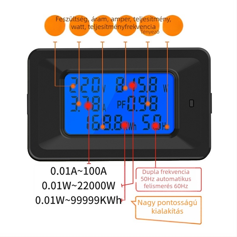 AC digitális teljesítménymérő LCD kijelzővel, háztartási többfunkciós elektromos mérő — voltmérő, ampermérő, energia, frekvencia és teljesítménytényező, modell P06s-20A/100A