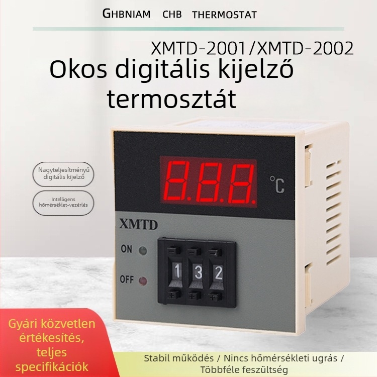 Xmtd-2001/2002 Pt100E/K-típusú digitális hőmérsékletszabályozó LED kijelzővel, ±1°C pontosság, méretek 102×70 mm, nyílás 68×68 mm