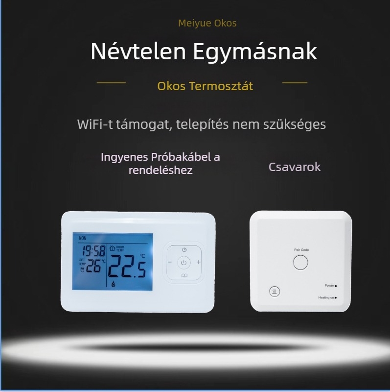 Vízalapú padlófűtéshez falra szerelhető termosztát, belső OKos termosztát, távirányítás, működés: elemek (2x No.7) vagy USB-C 5V, beépített rögzítőpanel