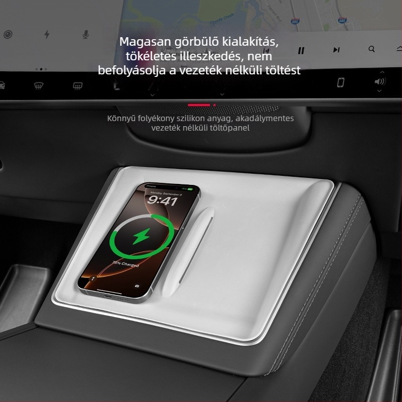 Szilikon középkonzolra illeszkedő vezeték nélküli töltőpad Tesla Model Y/Model 3 – csúszásmentes, dekoratív matrica