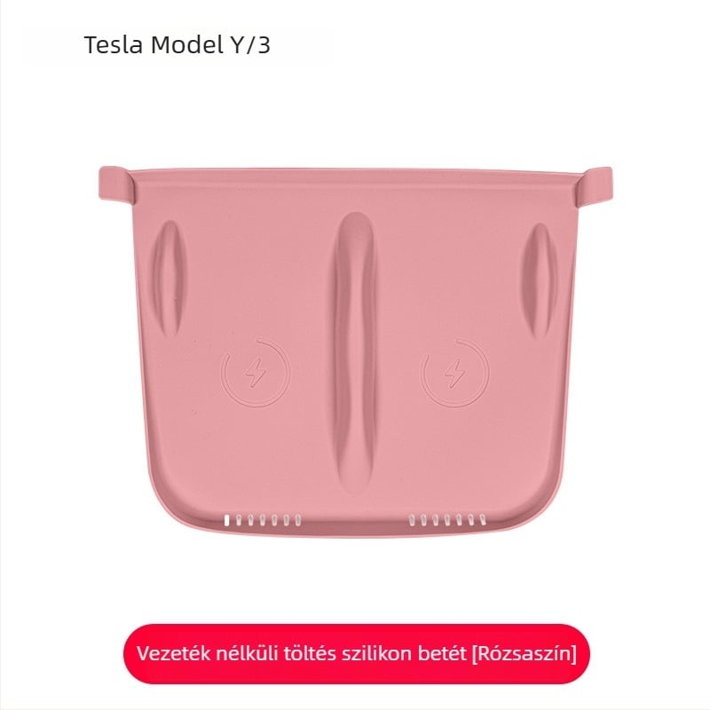 Szilikon középkonzolra illeszkedő vezeték nélküli töltőpad Tesla Model Y/Model 3 – csúszásmentes, dekoratív matrica