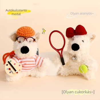 Rajzolt plüss kulcstartó West Highland White Terrierrel, iskolatáska-függőmedál