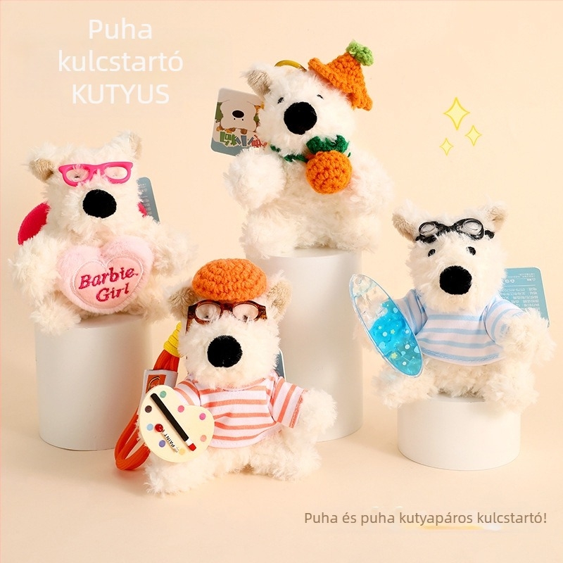 Rajzolt plüss kulcstartó West Highland White Terrierrel, iskolatáska-függőmedál