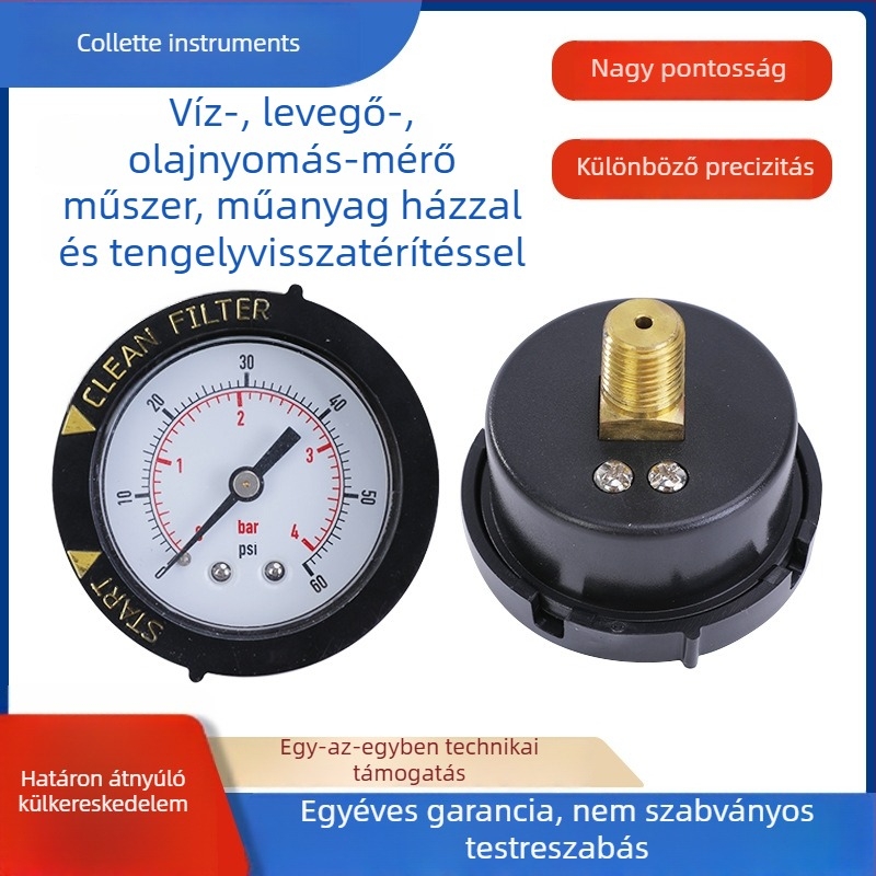 0-60 psi precíz nyomásmérő műanyag házban, 1/4 NPT BSP menet, 40 mm-es dial, M10x1 csatlakozás, medencefűrő/spa szelephez