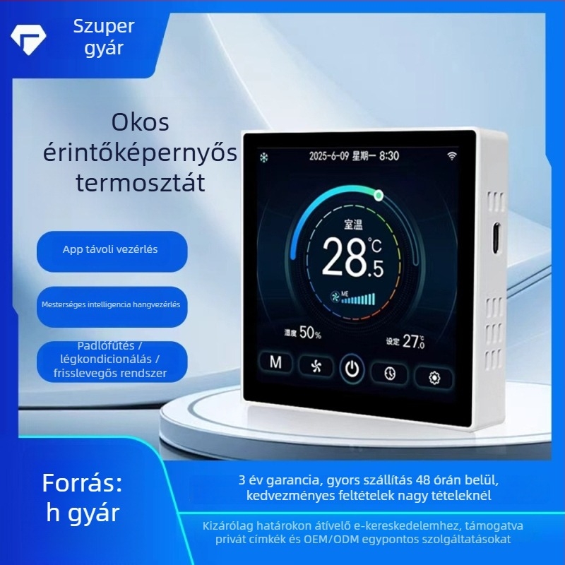 3-in-1 termosztát központi klímához, színes kijelző, távoli WiFi/RS-485 vezérlés, paneles telepítés, 220V
