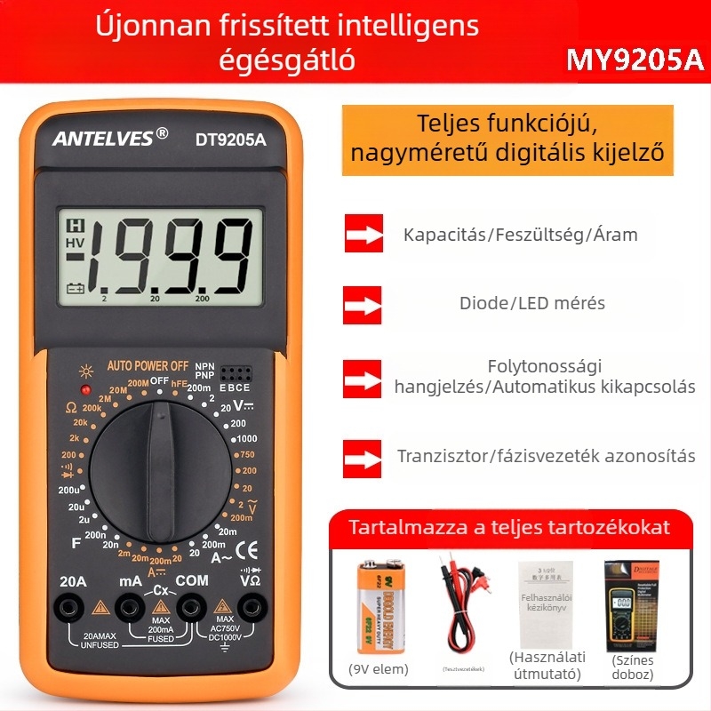 9205A Digitális multiméter égés elleni védelemmel, nagy pontosságú, villanyszerelőknek és otthoni használatra, automatikus kikapcsolás