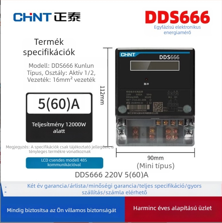 Chint DDS666 egyfázisú villanyóra otthoni használatra – intelligens mérő bérleményekhez, elektronikus energia-mérő