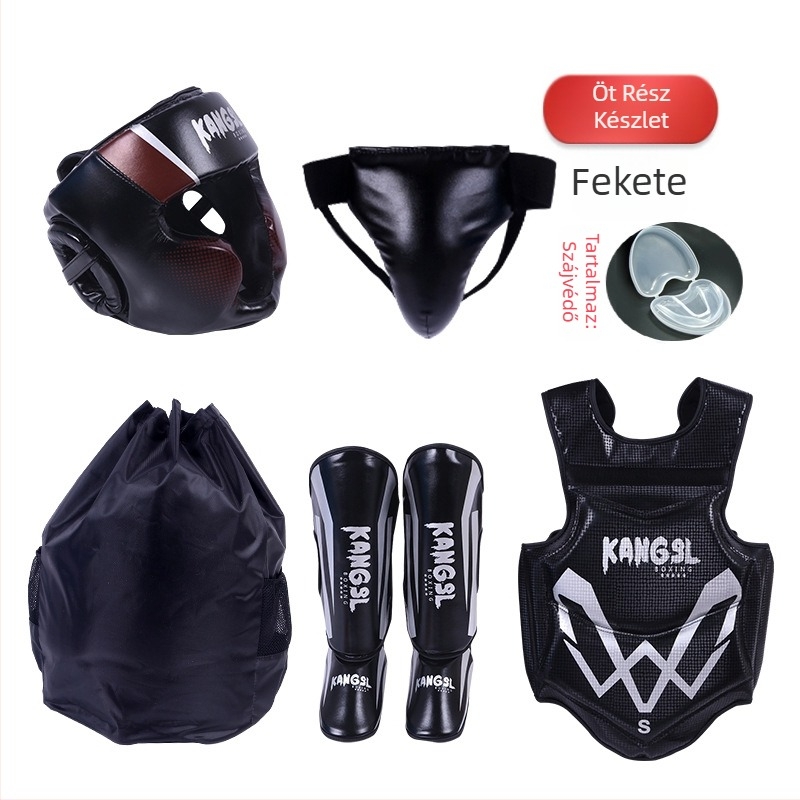 Harcművészeti védőfelszerelés készlet: fej-, kéz-, könyök-, térd- és boka védelem spandex anyagból; alkalmas bokszhoz (felnőttek és gyermekek)