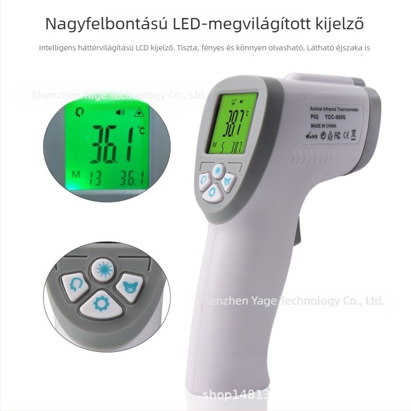Kényelmes infravörös állatorvosi hőmérő, érintésmentes, 32–43°C tartomány, ±0,4°C pontos, 3 s reakcióidő, modell YDC-8806, digitális kijelző