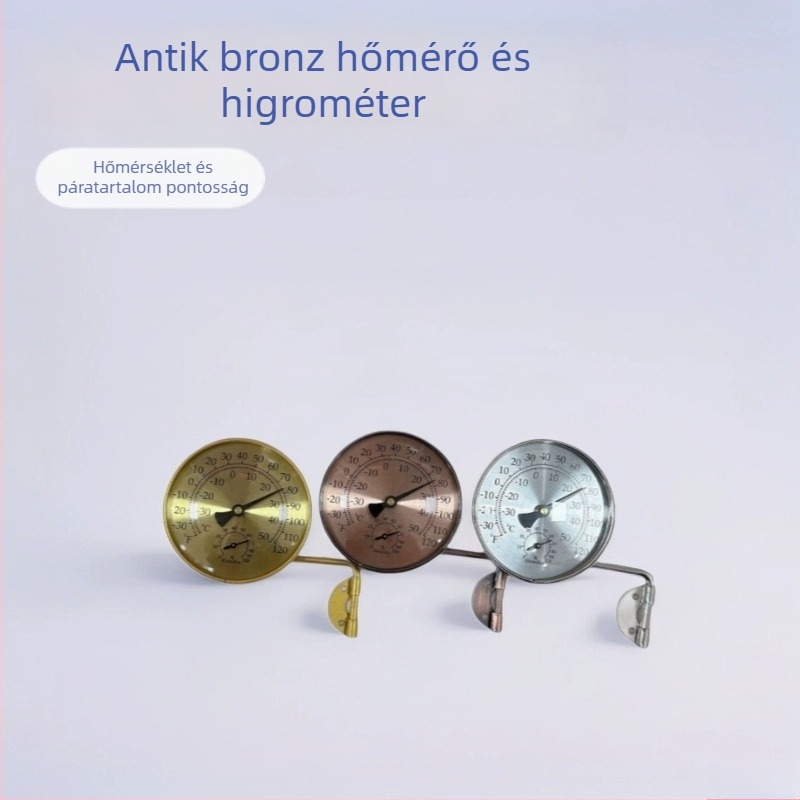 100 mm-es bronz hőmérő összekötő rúddal, kefés felületű lemez, réz aranyfényű bevonat, antik bronz hatás, réz-nikkel bevonat