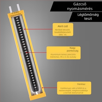 Ötvözetből készült nyomásmérő természetes gázhoz, U-alakú kivitelben és speciális tömlő a nyomás méréséhez