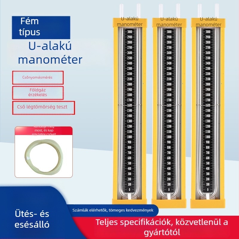 Ötvözetből készült nyomásmérő természetes gázhoz, U-alakú kivitelben és speciális tömlő a nyomás méréséhez