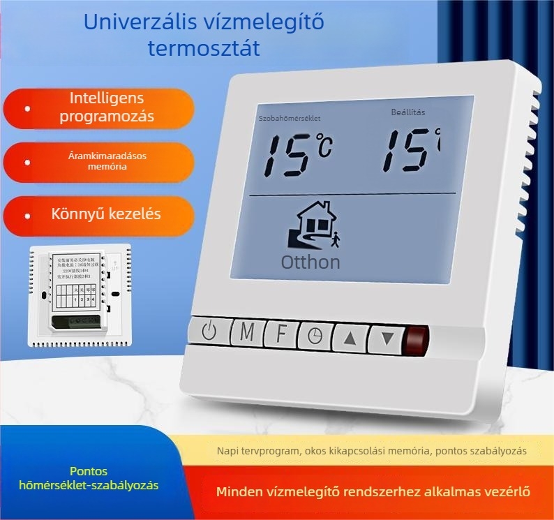Vízfűtéses padlófűtés digitális kijelzős termosztát, intelligens hőmérséklet-szabályozó, típus 86; tartomány 5–35°C, pontosság 2°C, telepítés: hálózati kábelezés, működési feszültség 220V