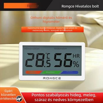 Digitális LCD belső hőmérő és higrométer, magas pontosság, falra szerelhető vagy állványos, -20°C-tól 80°C-ig, relatív páratartalom 0–99,9% RH, CR2032 elem.