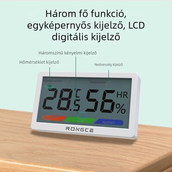 Digitális LCD belső hőmérő és higrométer, magas pontosság, falra szerelhető vagy állványos, -20°C-tól 80°C-ig, relatív páratartalom 0–99,9% RH, CR2032 elem.