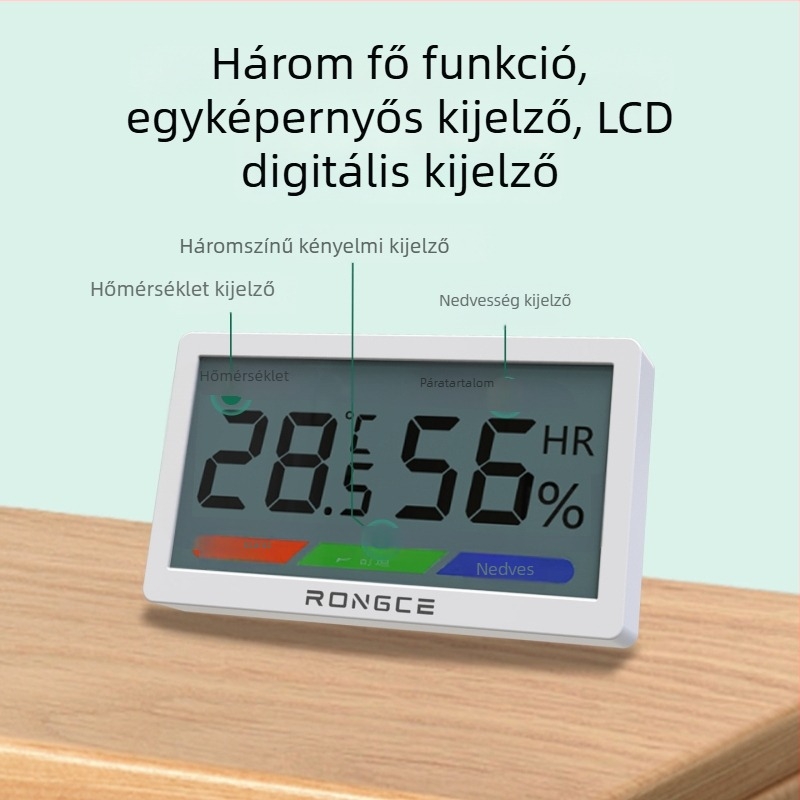 Digitális LCD belső hőmérő és higrométer, magas pontosság, falra szerelhető vagy állványos, -20°C-tól 80°C-ig, relatív páratartalom 0–99,9% RH, CR2032 elem.