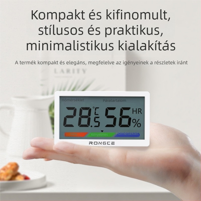 Digitális LCD belső hőmérő és higrométer, magas pontosság, falra szerelhető vagy állványos, -20°C-tól 80°C-ig, relatív páratartalom 0–99,9% RH, CR2032 elem.