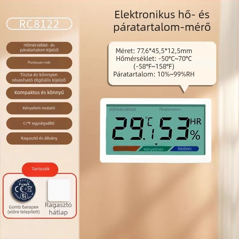 Digitális LCD belső hőmérő és higrométer, magas pontosság, falra szerelhető vagy állványos, -20°C-tól 80°C-ig, relatív páratartalom 0–99,9% RH, CR2032 elem.