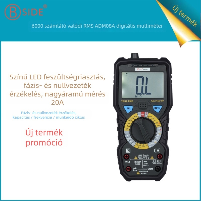 BSIDE ADM08A digitális multiméter, 6000-count kijelzővel, CAT III 1000V CAT IV 600V, AC/DC feszültség és áram mérés, ellenállás, kapacitás