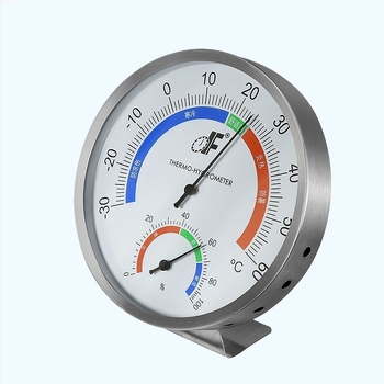 Falra szerelt rozsdamentes acél mutató higrométer hőmérséklet és páratartalom mérésére, tartomány -30–60°C, 0–100% RH, hőmérséklet pontossága 1°C, páratartalom pontossága 5%