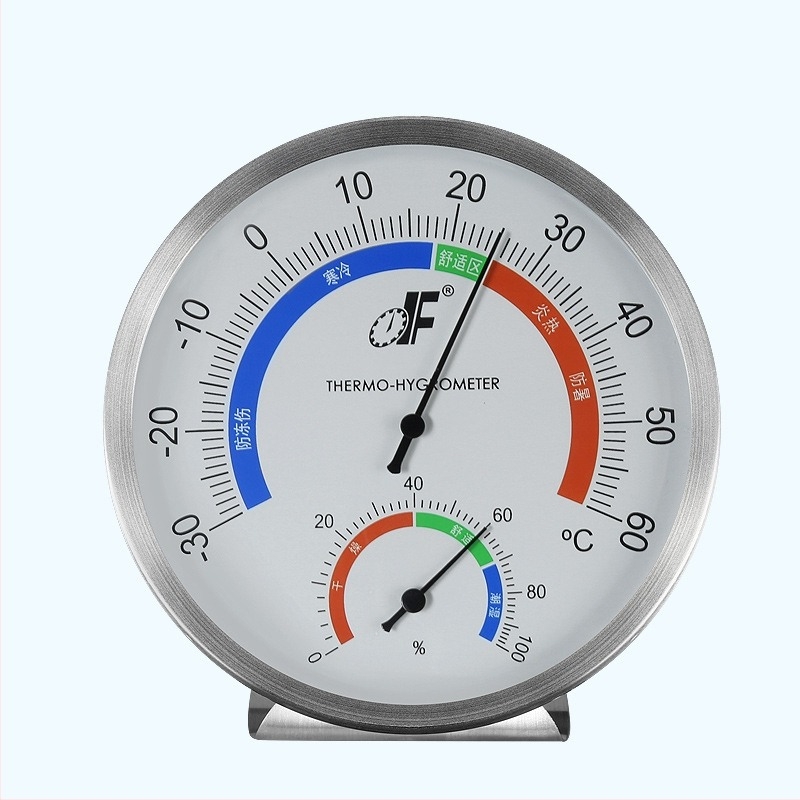 Falra szerelt rozsdamentes acél mutató higrométer hőmérséklet és páratartalom mérésére, tartomány -30–60°C, 0–100% RH, hőmérséklet pontossága 1°C, páratartalom pontossága 5%