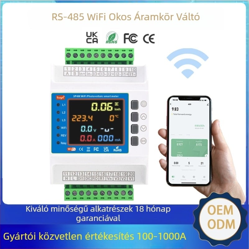 Háromfázisú 100A/380V induktív energia-mérő, távoli Wi‑Fi-vel és RS485-tel, digitális kijelző