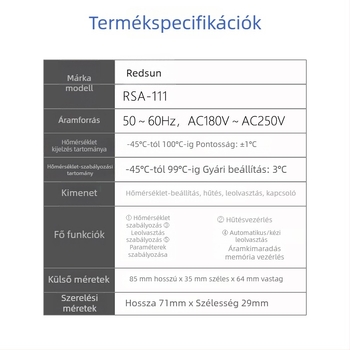 Kereskedelmi hőmérséklet-szabályozó hőmérséklet-érzékelővel – beépített kivitel, 220V AC, RSA-111, catering berendezésekhez
