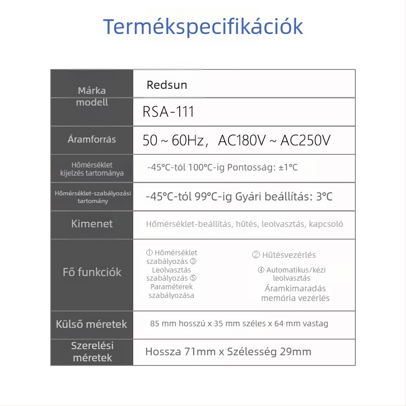 Kereskedelmi hőmérséklet-szabályozó hőmérséklet-érzékelővel – beépített kivitel, 220V AC, RSA-111, catering berendezésekhez