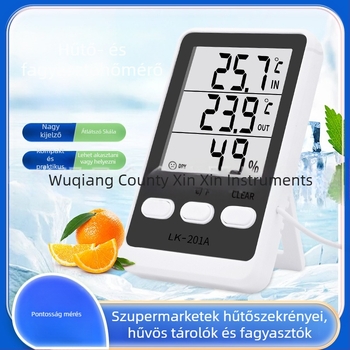 Elektronikus hőmérséklet- és páratartalom-mérő bel- és kereskedelmi használatra; méri a hőmérsékletet és a páratartalmat; alkalmas hűtőszekrényre, fagyasztóra, akváriumra és tenyésztési környezetekre; akkumulátoros működés