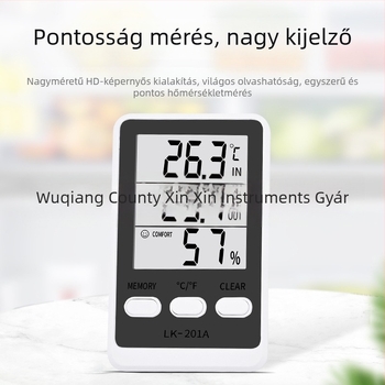 Elektronikus hőmérséklet- és páratartalom-mérő bel- és kereskedelmi használatra; méri a hőmérsékletet és a páratartalmat; alkalmas hűtőszekrényre, fagyasztóra, akváriumra és tenyésztési környezetekre; akkumulátoros működés