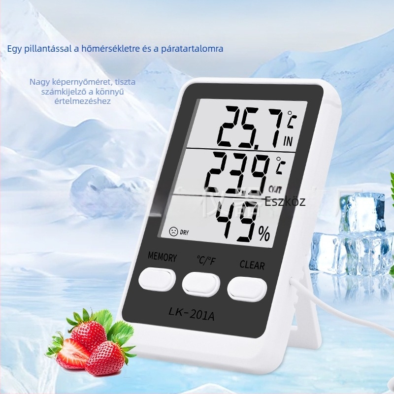 Elektronikus hőmérséklet- és páratartalom-mérő bel- és kereskedelmi használatra; méri a hőmérsékletet és a páratartalmat; alkalmas hűtőszekrényre, fagyasztóra, akváriumra és tenyésztési környezetekre; akkumulátoros működés