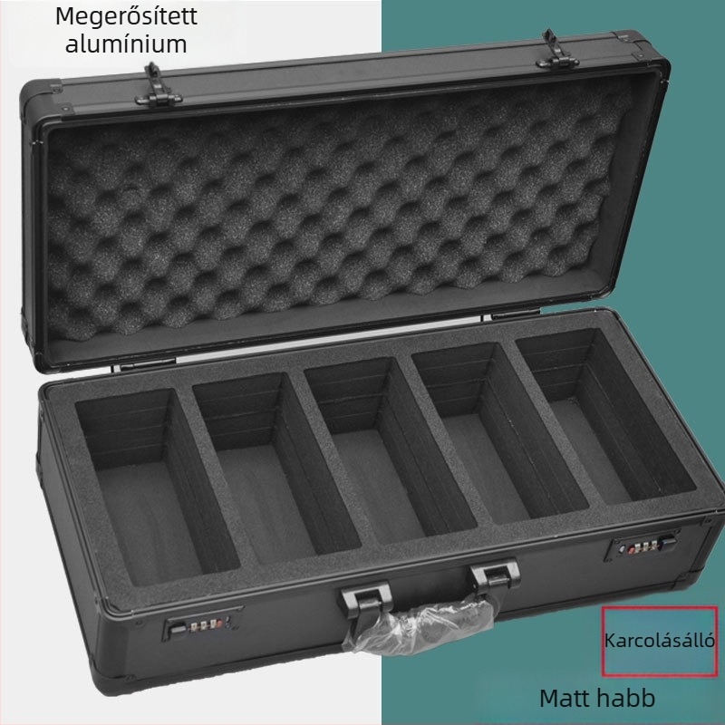 Kártyatároló bőrönd alumínium ötvözet kerettel, EVA hab belső, 50 kg teherbírás, hordozható kivitel