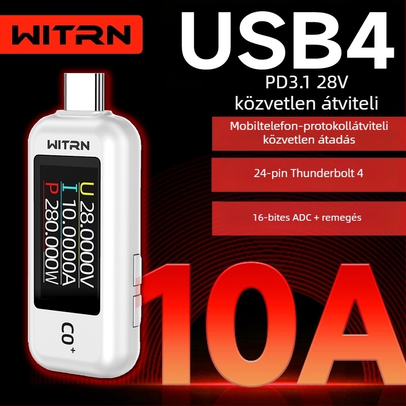 C0Q+ USB Type-C pass-through teszter — PD 3.1 detektálás, USB feszültség- és áramerősségmérő, C2 gyors töltés, 48V