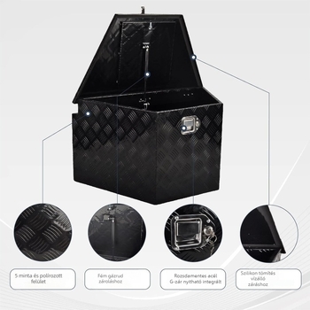 Alumíniumötvözetből készült szerszámtároló doboz, négyszögletes lépcső típus, testre szabható a rajzok szerint, teherbírás 70 kg